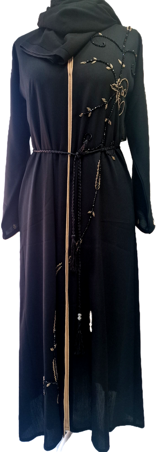 Black Abaya Beige Trimming and Gold Flower Embellishments