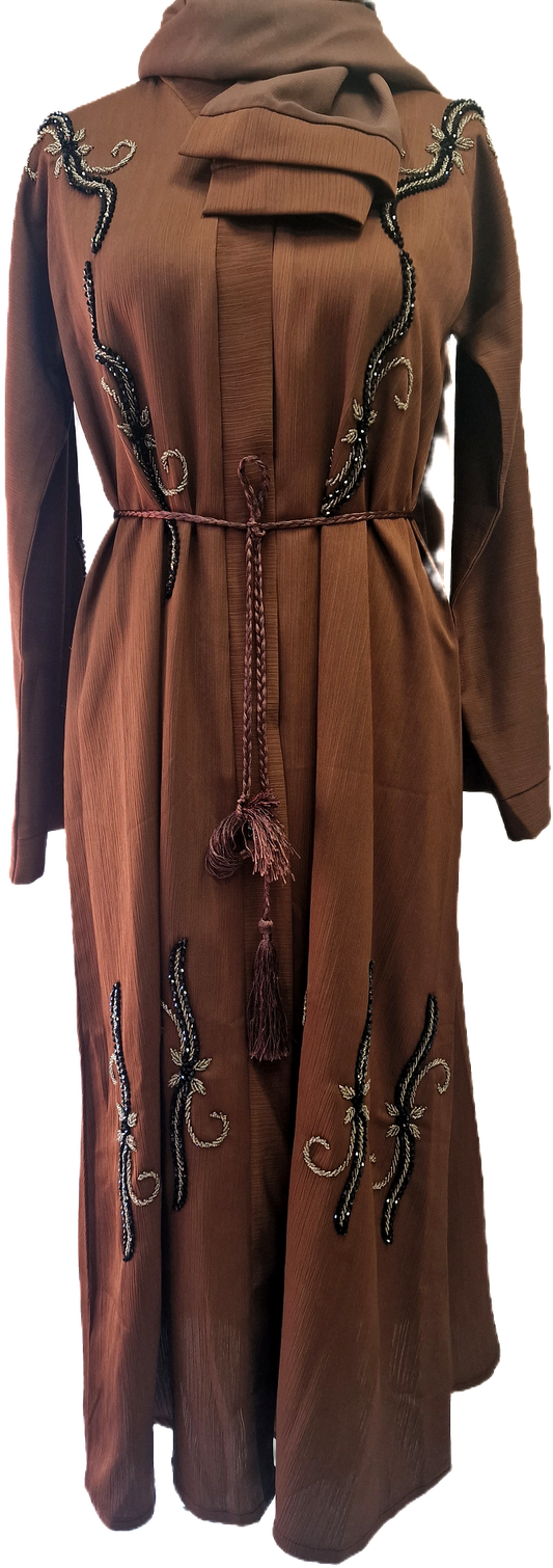Plain Brown Abaya with Gold Embellishments